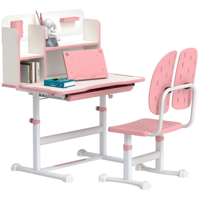 AIYAPLAY Height Adjustable Kids Desk And Chair Set, Children School Study With Tiltable Desktop, Reading Rack, Pink