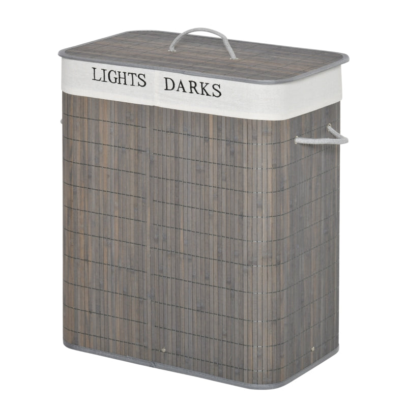 100L Two-Compartment Wooden Laundry Basket,Grey