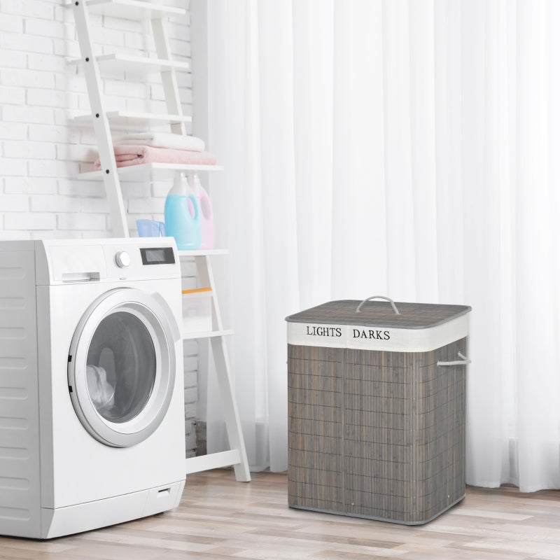 100L Two-Compartment Wooden Laundry Basket,Grey