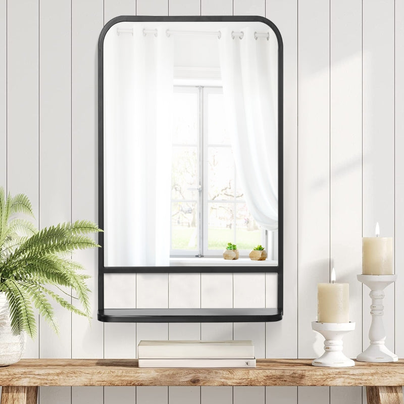 Square Wall Mirror With Storage Shelf, Living Black