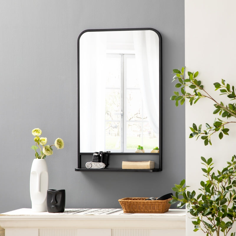 Square Wall Mirror With Storage Shelf, Living Black