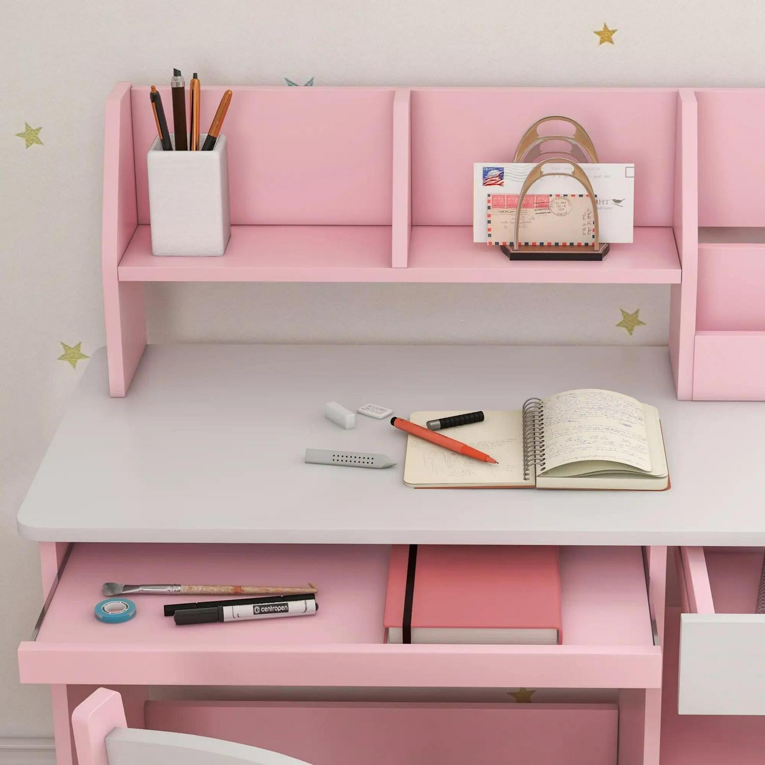 ZONEKIZ Two-Piece Kids Desk And Chair Set With Storage, For Ages 5-8 Years - Pink
