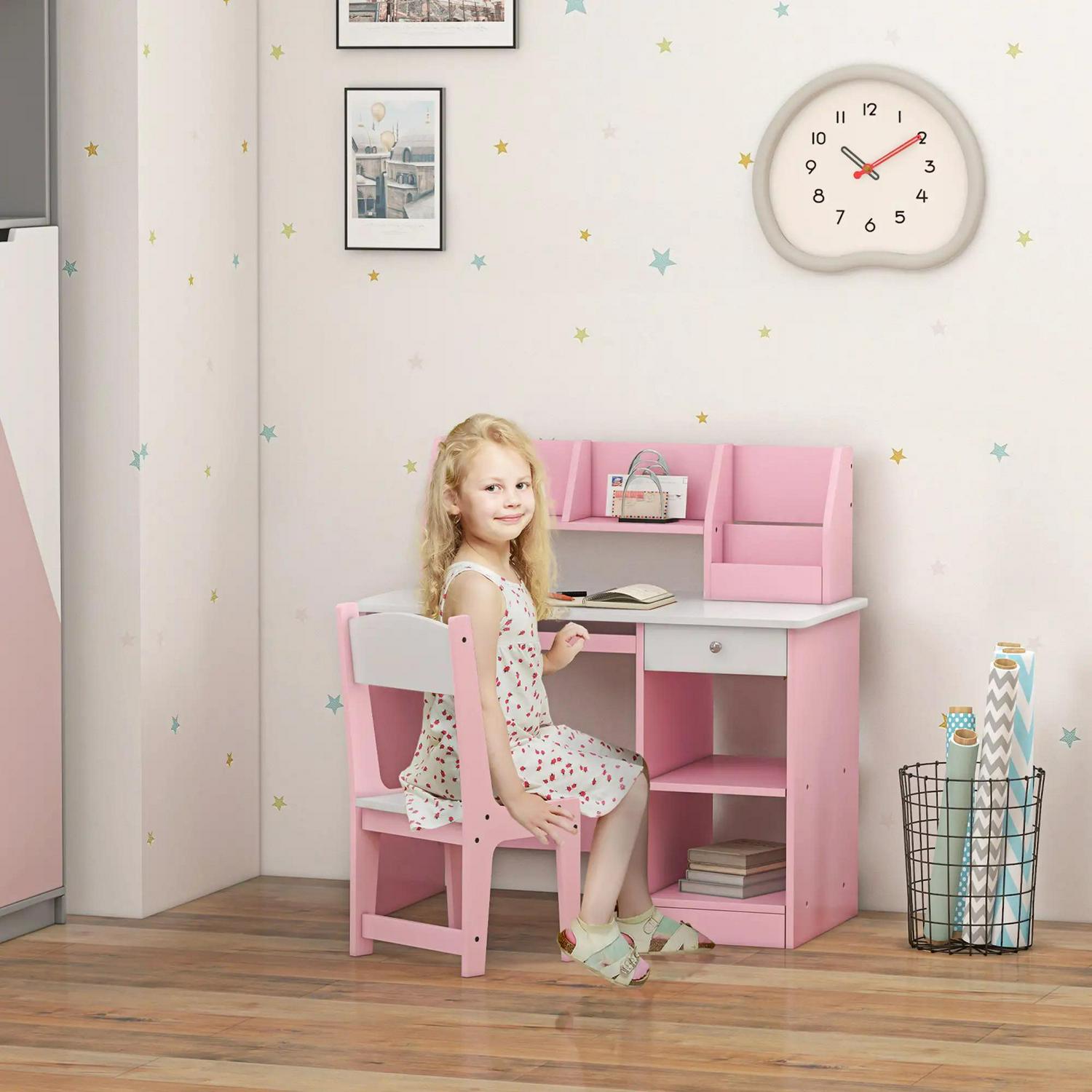 ZONEKIZ Two-Piece Kids Desk And Chair Set With Storage, For Ages 5-8 Years - Pink