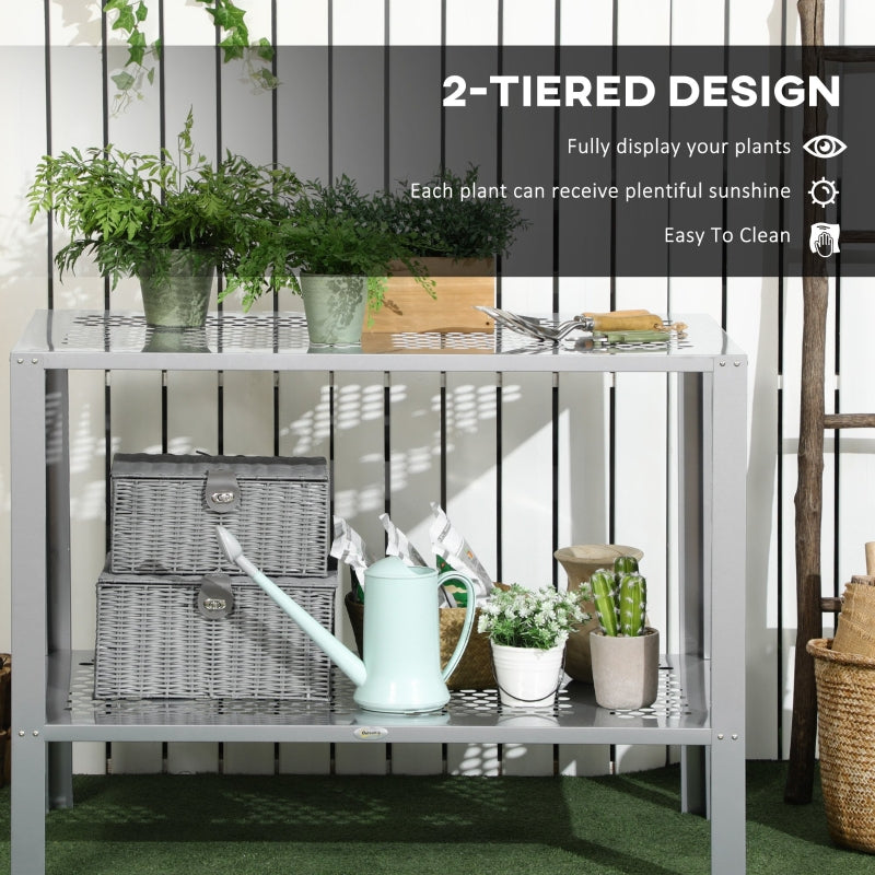 2-Tier Plant Stand, Corner Shelf For Outdoor Indoor Storage Organizer- Silver