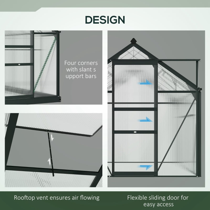 Clear Polycarbonate Greenhouse Large Walk-In Garden Plants Grow Galvanized Base Aluminium Frame With Slide Door, 6 X 6ft