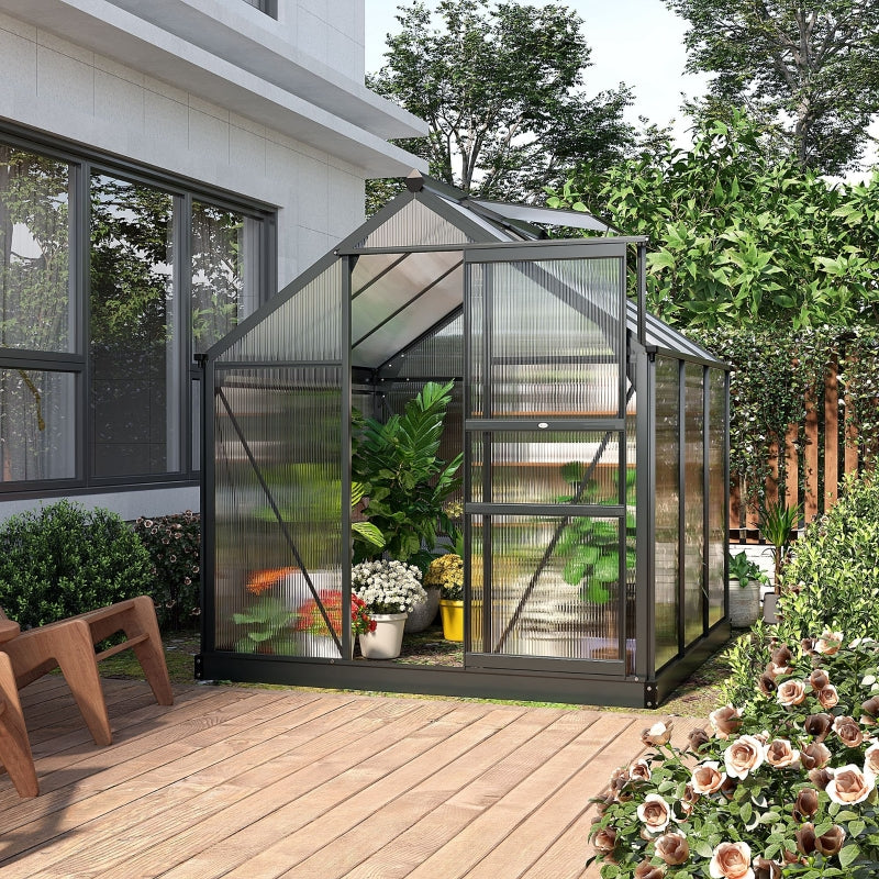 Clear Polycarbonate Greenhouse Large Walk-In Garden Plants Grow Galvanized Base Aluminium Frame With Slide Door, 6 X 6ft