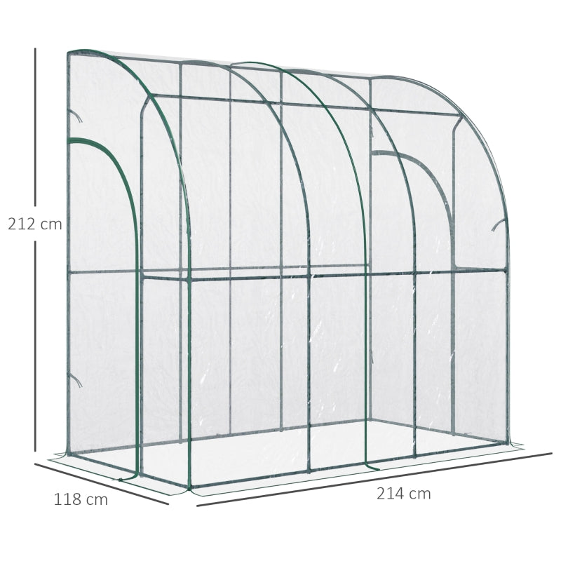 Outdoor Walk-In Lean To Wall Tunnel Greenhouse With Zippered Roll Up PVC Cover Sloping Top, Clear, 214cm X 118cm 212cm