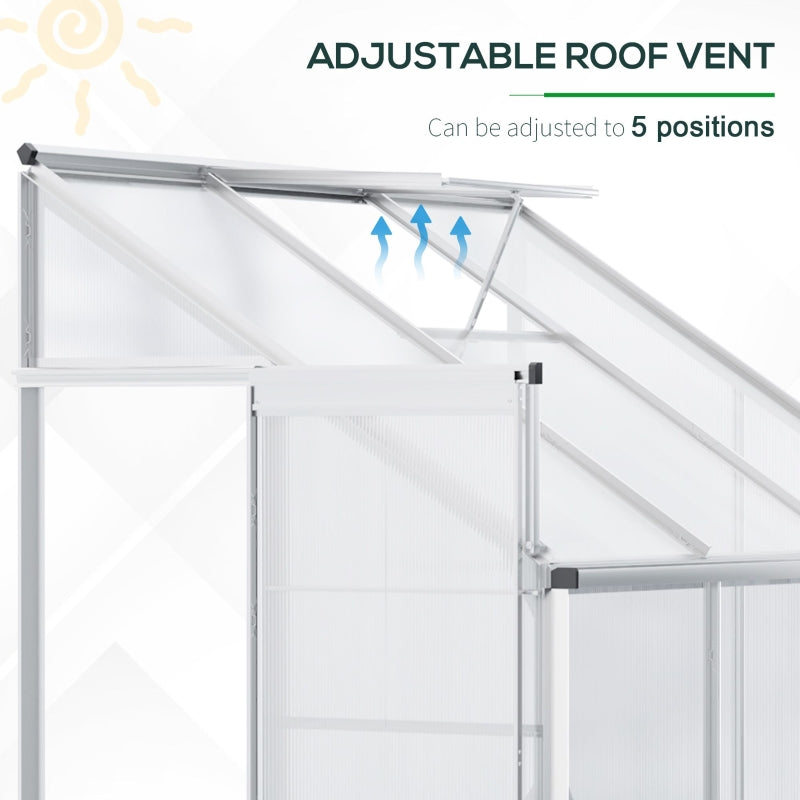 Walk-In Lean To Greenhouse Garden Heavy Duty Aluminium Polycarbonate With Roof Vent For Plants Herbs Vegetables, Silver, 192 X 127 220 Cm