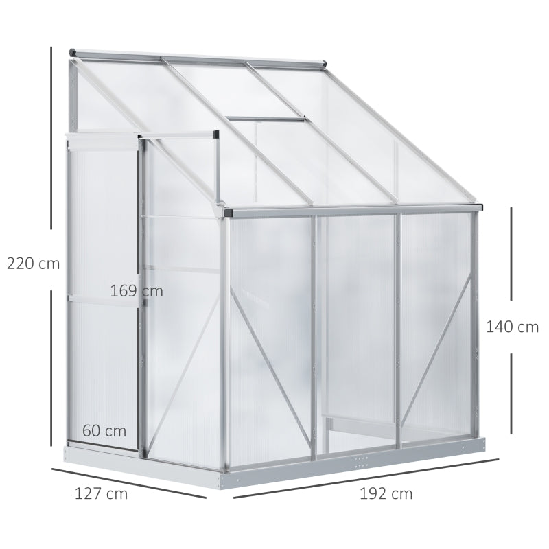 Walk-In Lean To Greenhouse Garden Heavy Duty Aluminium Polycarbonate With Roof Vent For Plants Herbs Vegetables, Silver, 192 X 127 220 Cm