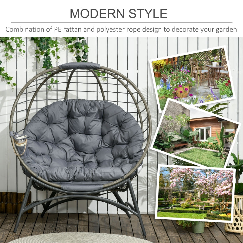 Folding Rattan Egg Chair, Freestanding Basket With Cushion, Bottle Holder Bag For Outdoor Indoor, Grey Black