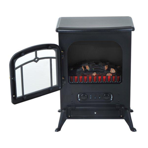 1800W Freestanding Indoor Iron Heater With Burning Log View - Black