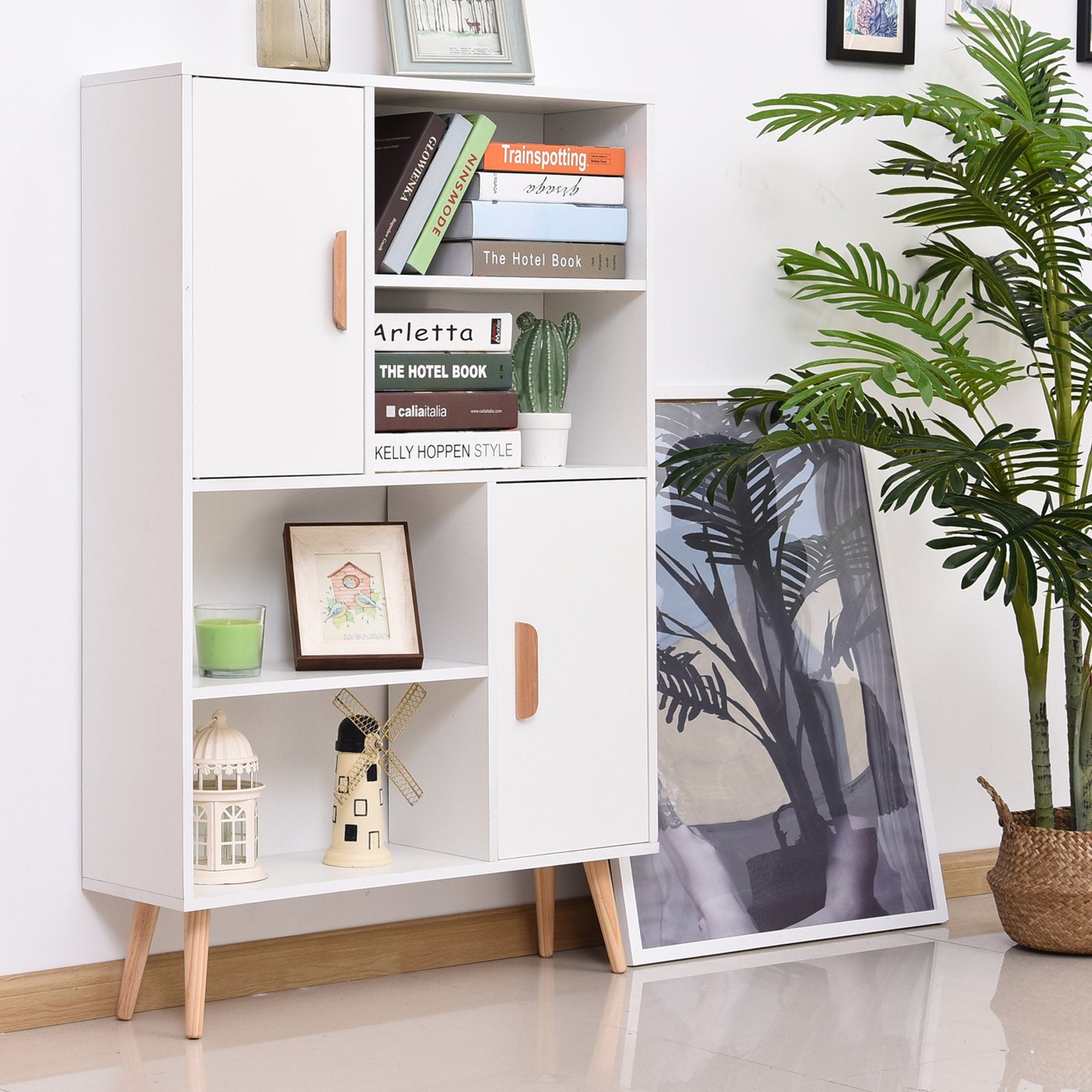 Free Standing Bookcase Shelves W/ Two Doors, 80L X 23.5W 123Hcm - White