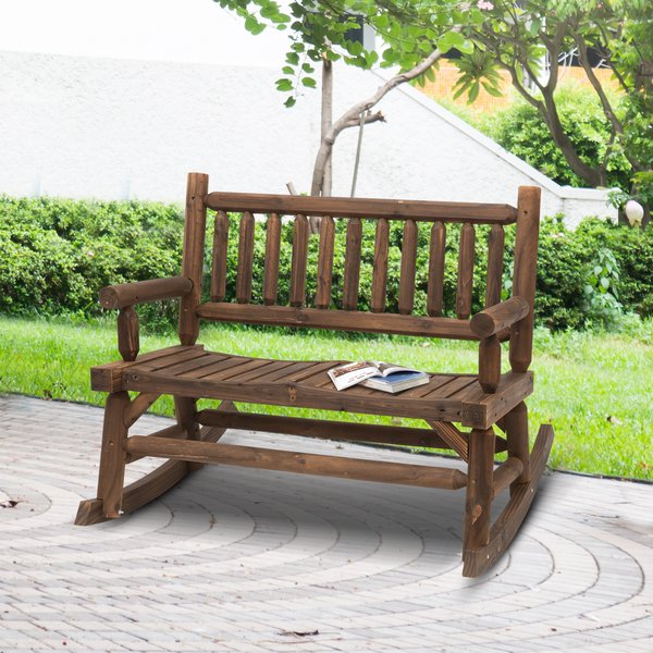 2 Seat Rocking Bench Wood Frame Loveseat - Brown