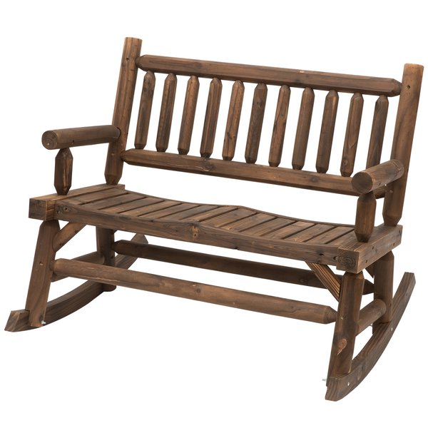 2 Seat Rocking Bench Wood Frame Loveseat - Brown