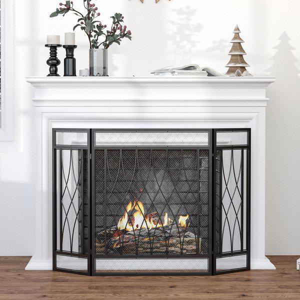 3-Panel Folding Fireplace Screen, Home Metal Mesh Spark Guard - Black