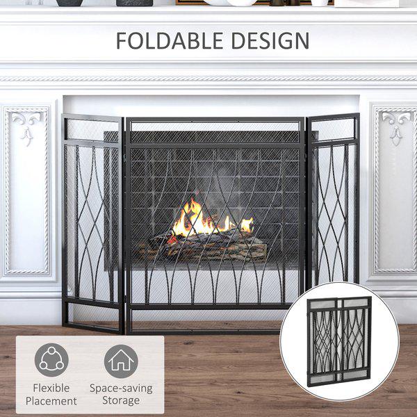 3-Panel Folding Fireplace Screen, Home Metal Mesh Spark Guard - Black