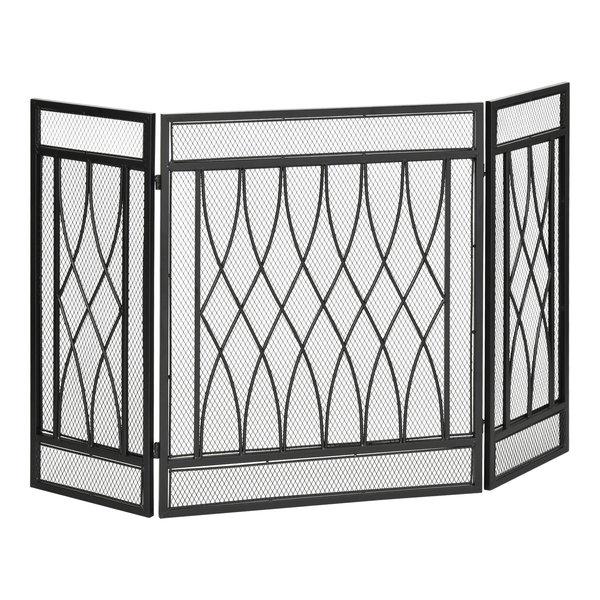 3-Panel Folding Fireplace Screen, Home Metal Mesh Spark Guard - Black