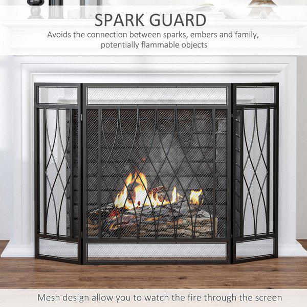 3-Panel Folding Fireplace Screen, Home Metal Mesh Spark Guard - Black