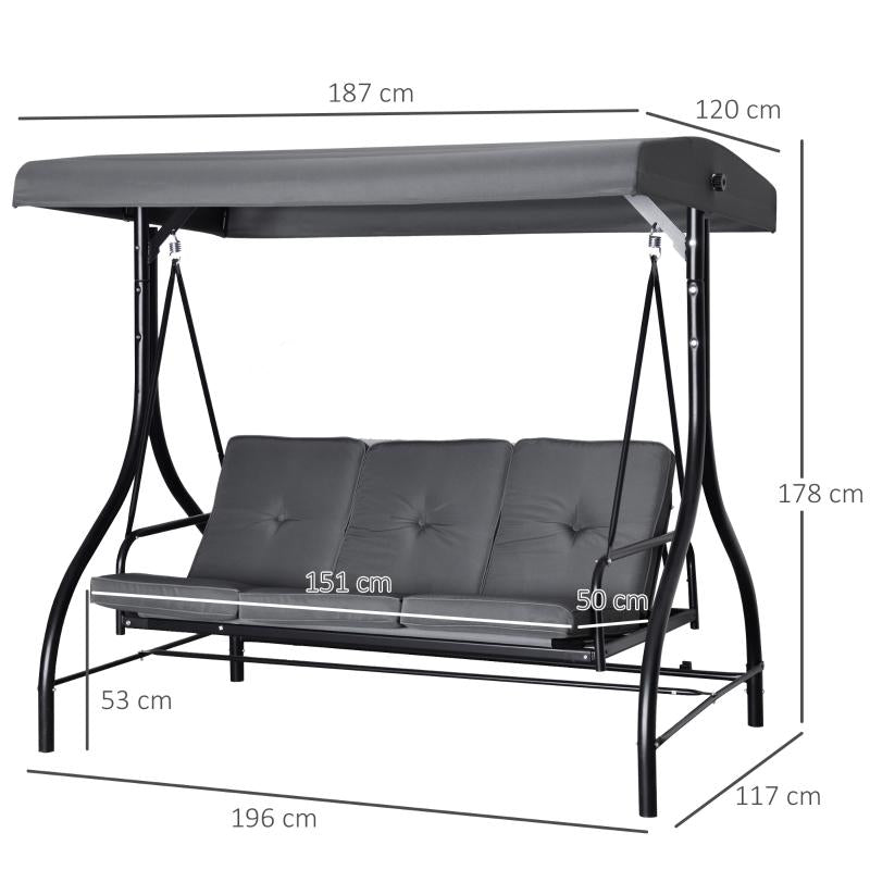 2 in 1 Swing Chair/Bed - 3 Seater Porch Canopy Swing Chair With Metal Frame - Dark Grey