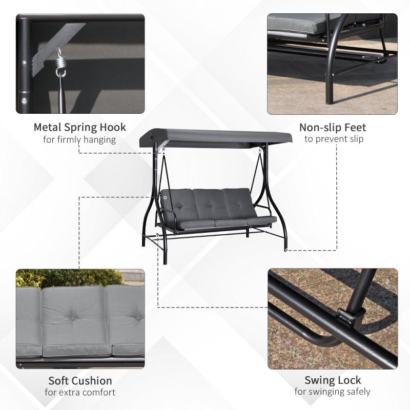 2 in 1 Swing Chair/Bed - 3 Seater Porch Canopy Swing Chair With Metal Frame - Dark Grey