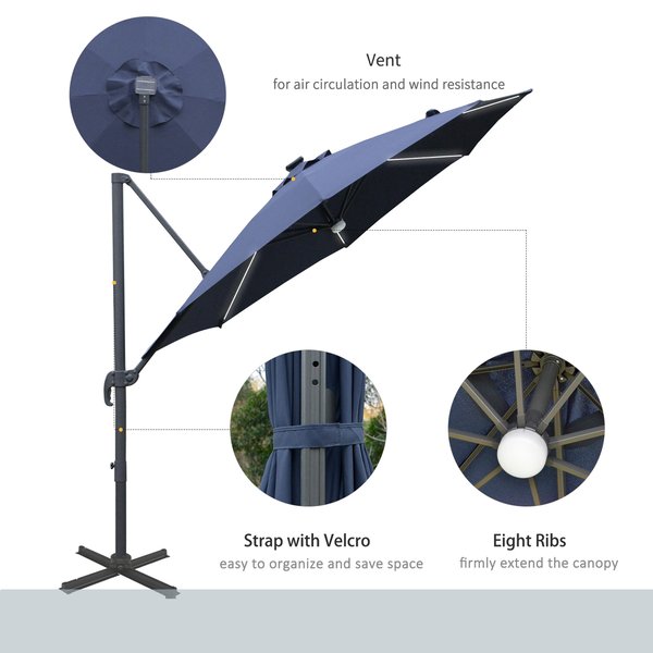 3 M Parasol Umbrella W/ Base Solar Lights - Blue