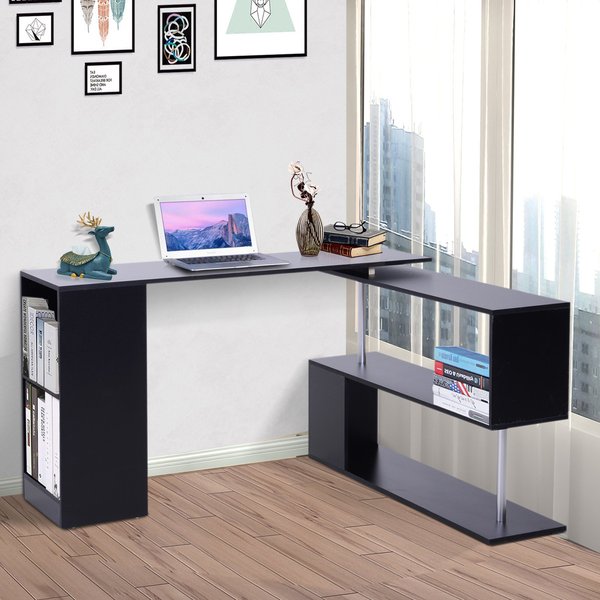 Corner Computer Desk Modern L-Shaped Workstation W/ 2-Tier Storage - Black