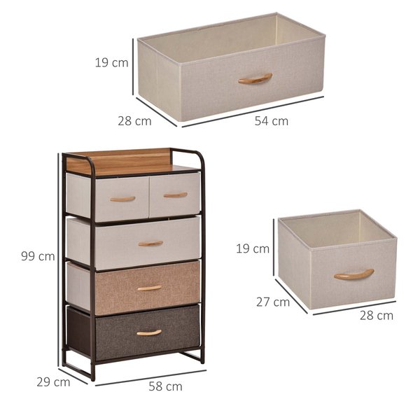 5-Drawer Dresser Tower Fabric Chest Of Drawers With Steel Frame Wooden Top