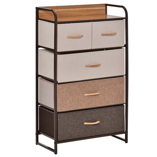 5-Drawer Dresser Tower Fabric Chest Of Drawers With Steel Frame Wooden Top