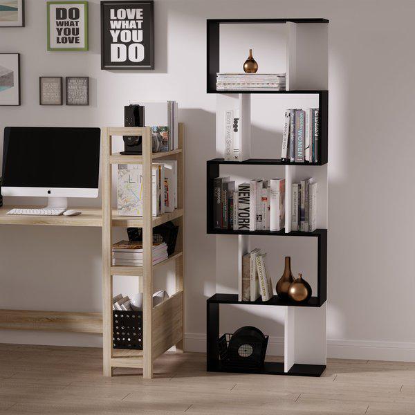 5-tier S Shape Bookcase, Particle Board - White/Black