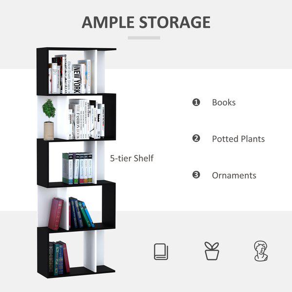 5-tier S Shape Bookcase, Particle Board - White/Black