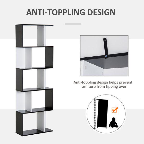 5-tier S Shape Bookcase, Particle Board - White/Black
