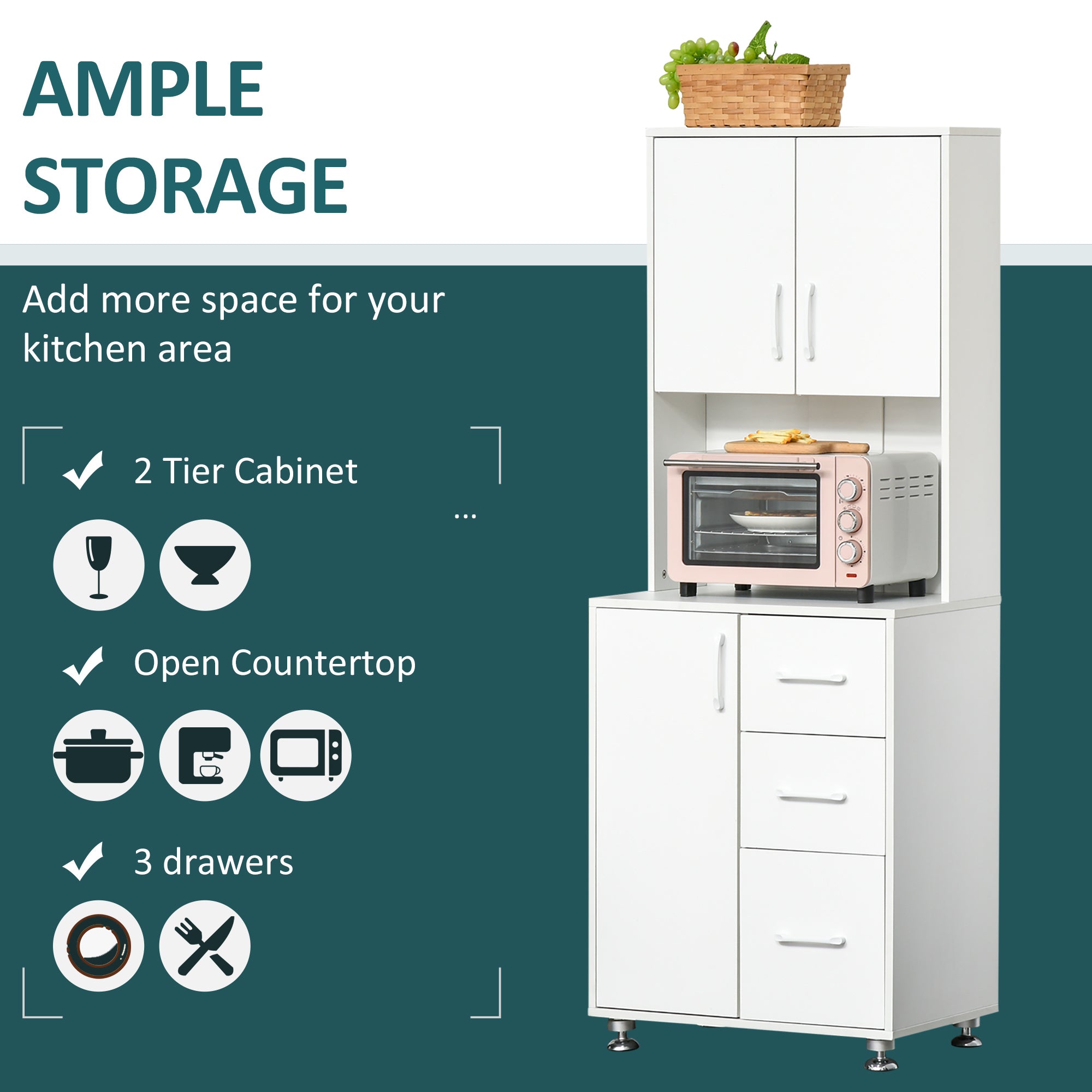 Modern Kitchen Pantry Cabinet Storage Cupboard With Open Countertop - White