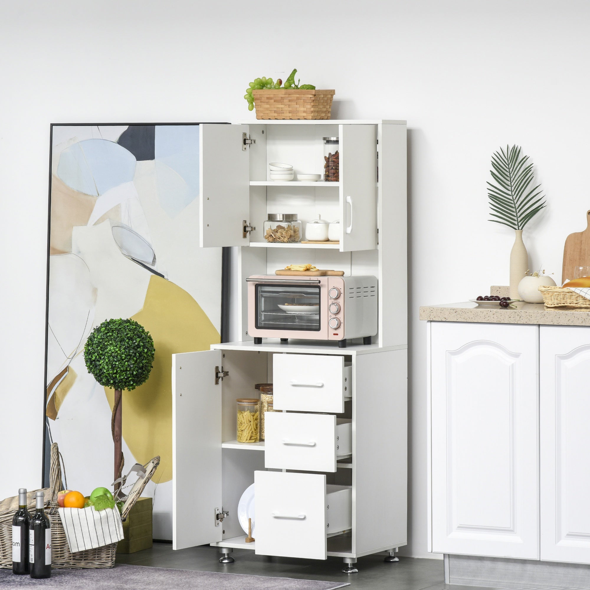 Modern Kitchen Pantry Cabinet Storage Cupboard With Open Countertop - White