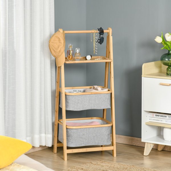 Bamboo Ladder Storage Shelf 3-Tier Foldable Lightweight Organizer Shelves