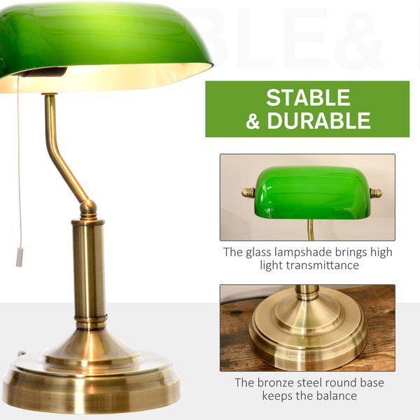 Banker's Table Lamp W/ Antique Bronze Base, Green Glass Shade, Pull Rope Switch