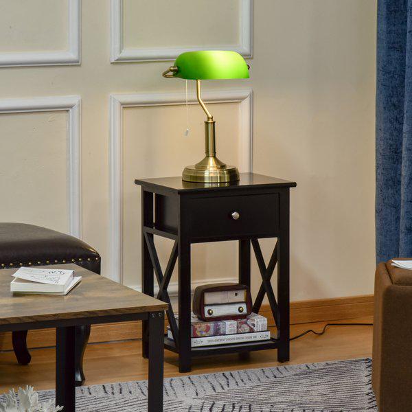 Banker's Table Lamp W/ Antique Bronze Base, Green Glass Shade, Pull Rope Switch