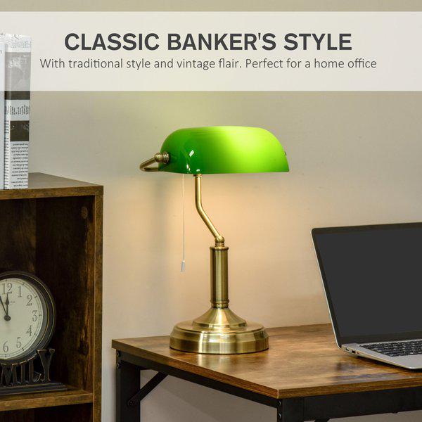 Banker's Table Lamp W/ Antique Bronze Base, Green Glass Shade, Pull Rope Switch