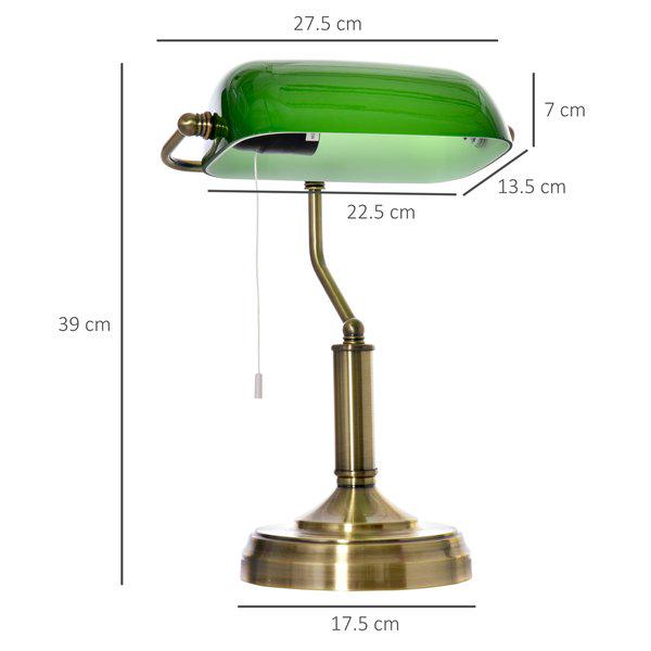 Banker's Table Lamp W/ Antique Bronze Base, Green Glass Shade, Pull Rope Switch