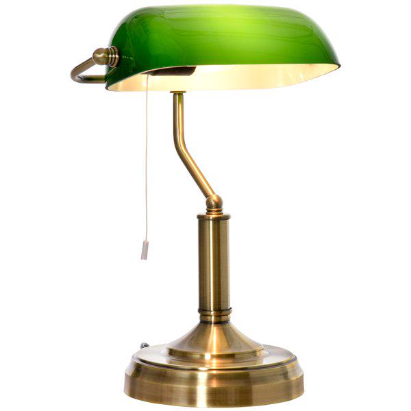 Banker's Table Lamp W/ Antique Bronze Base, Green Glass Shade, Pull Rope Switch