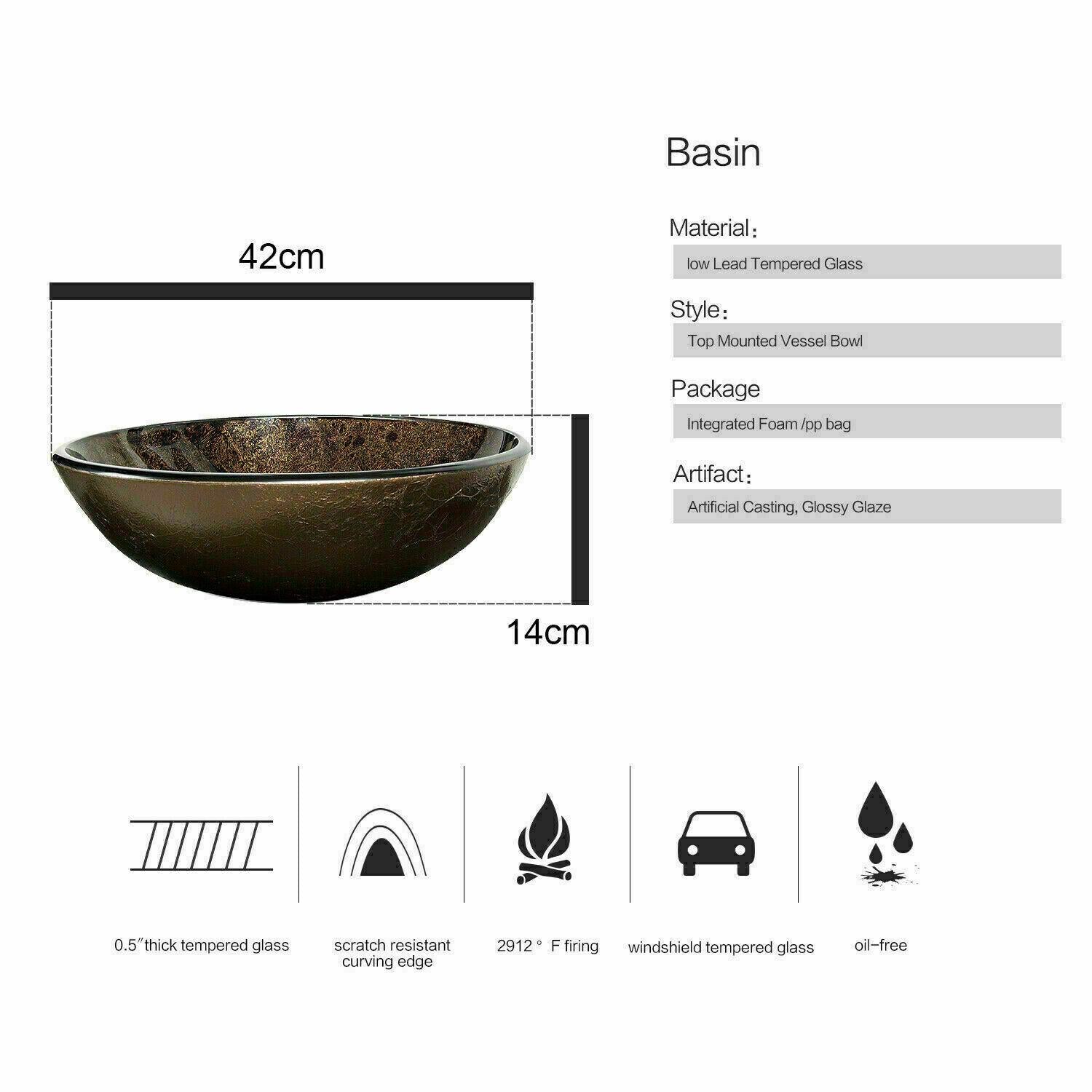 Bathroom Sink Vessel Basin Countertop Glass - Brown