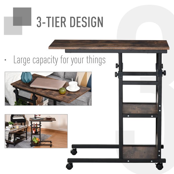 3-Tier C-Shaped Bed Side Table Cart W/ Casters, Brake