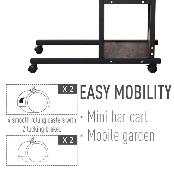 3-Tier C-Shaped Bed Side Table Cart W/ Casters, Brake