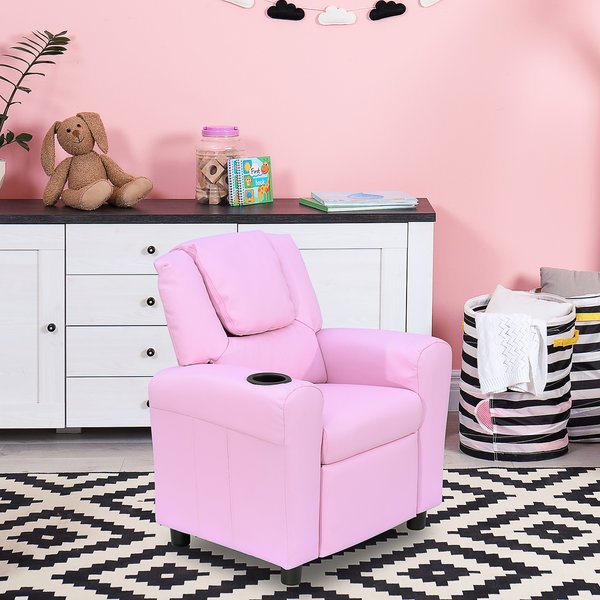 Children Recliner Armchair W/ Cup Holder - Pink