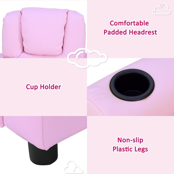 Children Recliner Armchair W/ Cup Holder - Pink