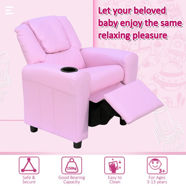 Children Recliner Armchair W/ Cup Holder - Pink