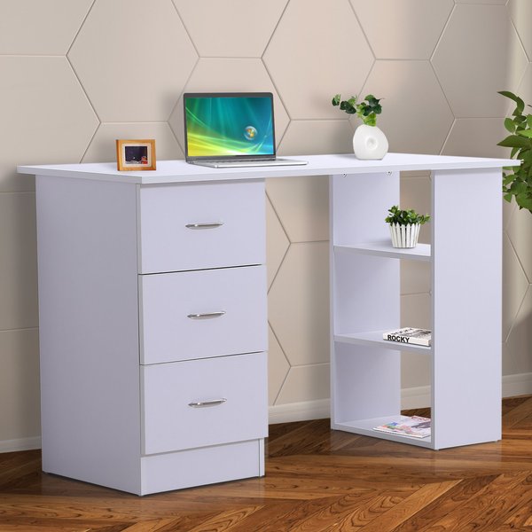 Computer Desk W/ 3 Shelf& Drawers, 120Wx49Dx72H cm- White Colour