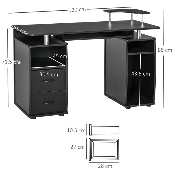 Computer Office Desk PC Table Workstation With Keyboard Tray, Drawers - Black