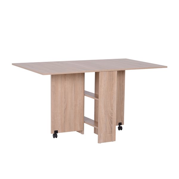 Dining Table Drop Leaf Folding Expandable 6 Person W/ Wheels, Storage Shelf