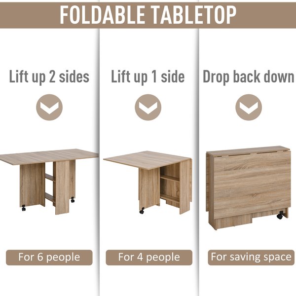 Dining Table Drop Leaf Folding Expandable 6 Person W/ Wheels, Storage Shelf