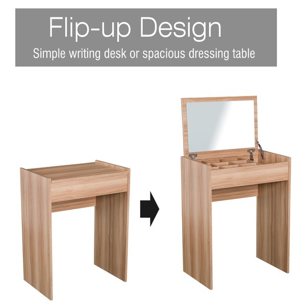 Dressing Table Set With Mirror And Stool - Wood Grain Colour
